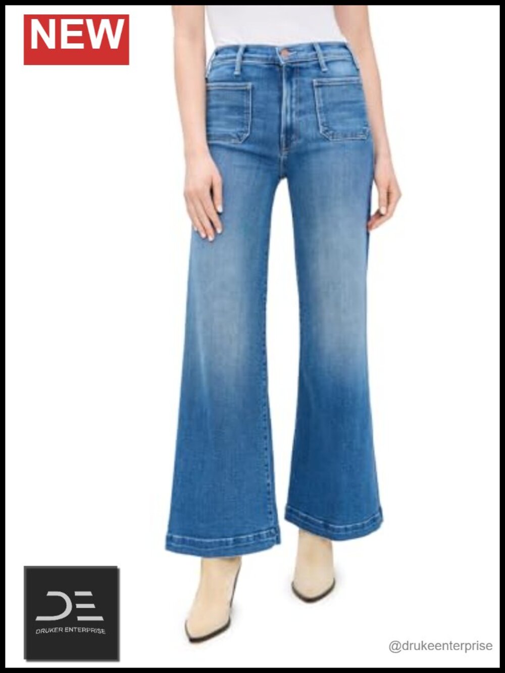 Wide Leg Stretch Denim Patch Pocket Jeans Women's Flared Mid-Rise